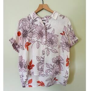 Rachel Roy Floral Linen Blouse, Medium, Short Sleeve Button Up